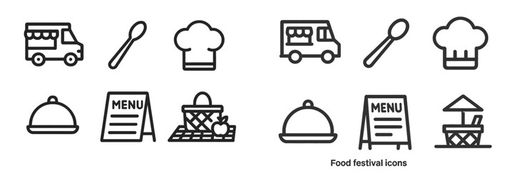 Food festival icons featuring various culinary elements and food truck designs for event branding and promotional use