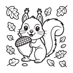 Squirrel Sitting on Tree Stump Holding Acorn Surrounded by Leaves – Line Art Coloring Pages