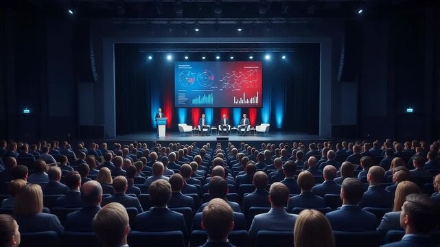Large Audience Observing Business Speaker and Panel Discussion in Modern Conference Hall