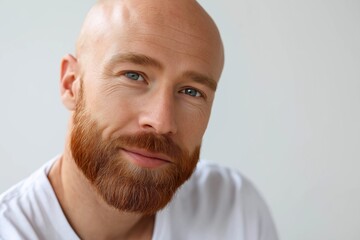Bald caucasian male with red beard smiling in white shirt
