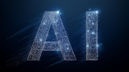  Glowing AI letters in space, formed by neural networks, with blue particles and tech style. AI blue neon alphabet.