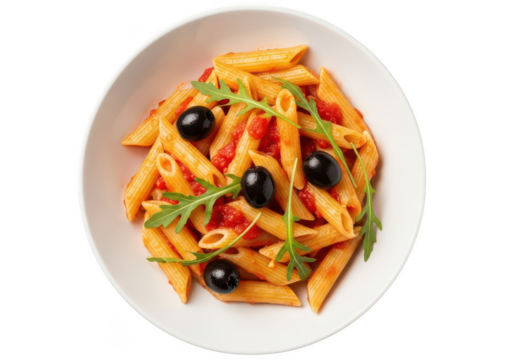 Overhead shot of penne pasta with tomato sauce olives and arugula in white bowl image