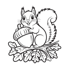 Cute Squirrel Holding Acorn Coloring Page – Autumn Woodland Animal Illustration for Kids