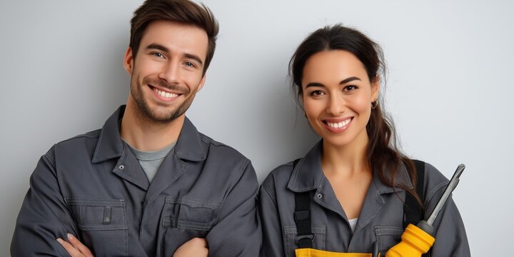 Young caucasian male and asian female workers smiling in gray uniforms with tools
