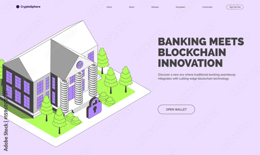 Poster cartoon color banking meets blockchain innovation crypto city concept banner 3d isometric view line 
