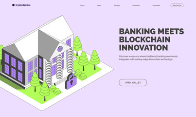 Fototapeta premium Cartoon Color Banking Meets Blockchain Innovation Crypto City Concept Banner 3d Isometric View Line Elements. Vector illustration
