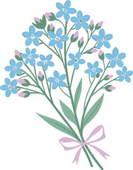 Blue forget me not flowers with pink buds and ribbon