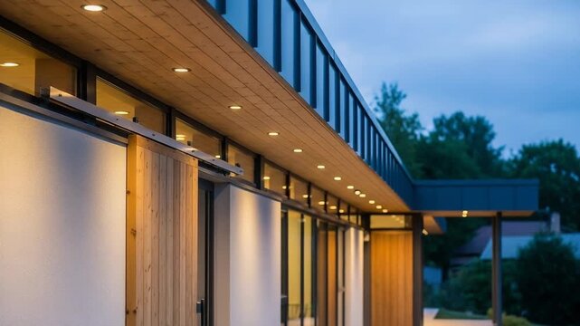 Modern Home Exterior Illuminated by Warm Recessed Lights on Wooden Ceiling at Evening