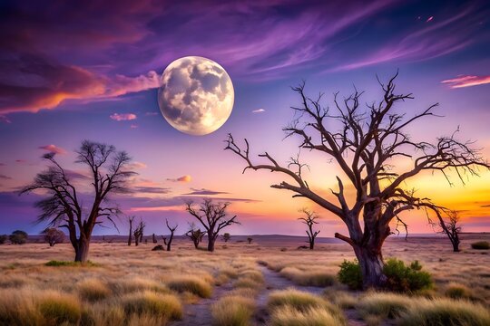 A dramatic sunset paints the sky with vibrant colors over a dry savanna landscape with bare trees - Powered by Adobe