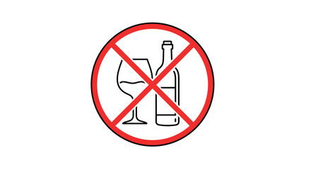 No alcohol symbol with red line across wine glass and bottle on white