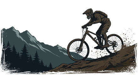 Mountain biker descending rocky slope with scenic mountain landscape