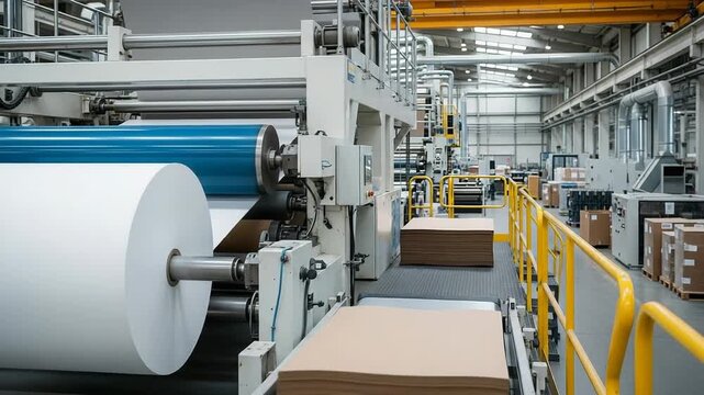 Automated Industrial Machine Processing Large Paper Roll and Stacking Brown Material in Modern Factory