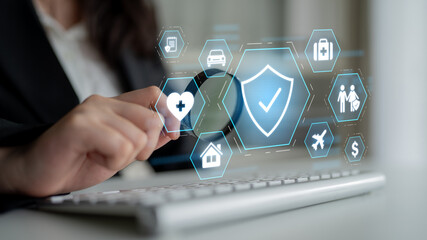 Security and insurance concept showing protection coverage for health, travel, home, car, life, and...