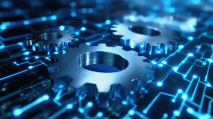 Moving metallic gears and glowing blue data lines representing digital technology and connectivity