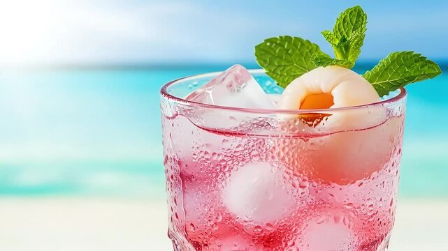Refreshing Lychee Beach Cocktail Icy Drink with Mint Garnish Tropical Paradise.