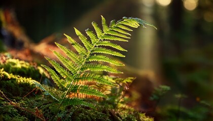 close up of a green fern in a moist forest during autumn