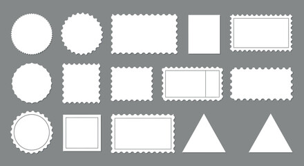 Blank postage stamp set on gray background with various shapes