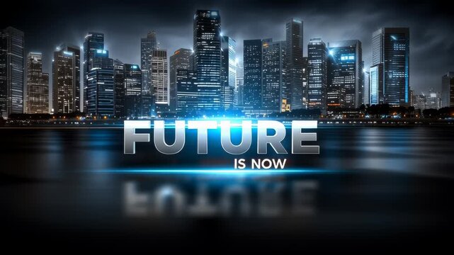 Futuristic City Skyline at Night with "Future Is Now" Text Animation. Video.