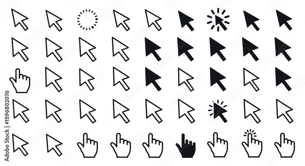 Aufkleber cursor and pointer icon set in linear and solid styles for digital interfaces