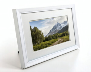 White picture frame displaying mountain landscape white frame
