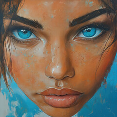 Portrait of Woman with Blue Eyes, Digital Painting, Abstract Woman Face, Artistic Beauty Portrait