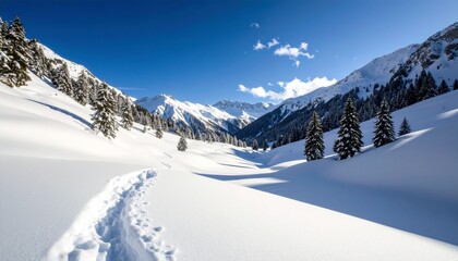 Snowy mountain landscape with a clear blue sky. 