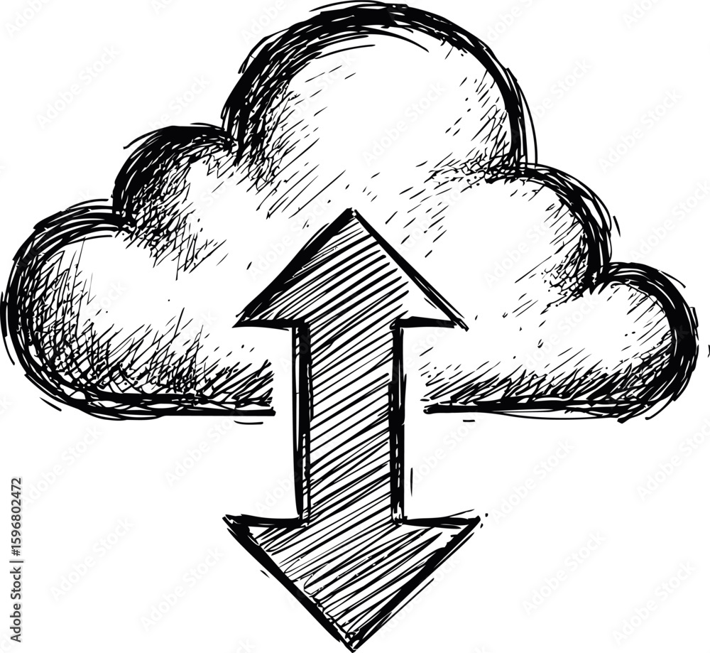 Poster sketch of a cloud with up and down arrows representing data transfer. vector illustration