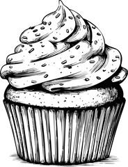 Illustration of a cupcake with swirled frosting and sprinkles in black and white. Vector illustration