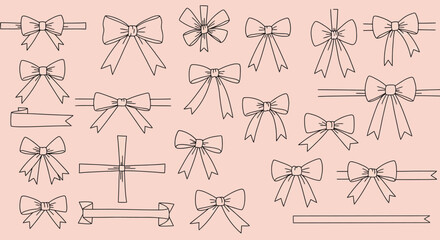Fototapeta premium Elegant bow collection in linear style on soft pink background for gift and decoration designs