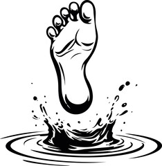 Obraz premium Stylized black and white foot splashing into water, line art illustration. Vector illustration