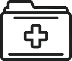 Obraz premium Medical folder icon with cross symbol in black and white line design. Vector illustration