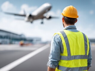 An engineer in a yellow hard hat and vest watches a plane taking off, the engineer stands on the tarmac near the runway as a plane ascends.