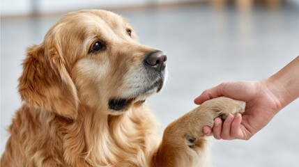 A Golden Retriever gently places its paw in a human hand, showing trust and connection.