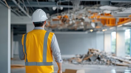 Construction worker in yellow vest inspecting debris, damaged ceiling in a building under construction.
