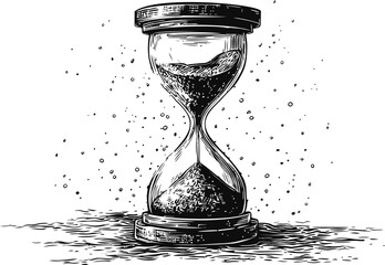 Black and white illustration of an hourglass with falling sand, vintage concept. Vector illustration