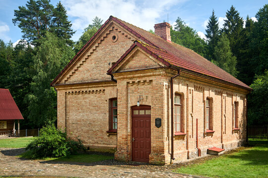 Lock keeper house or Augustovsky Canal Museum in Dombroka hydroelectric complex. Nemnovo sluice of Augustow Canal hydrotechnical engineering monument in Poland and Belarus on Neman Vistula rivers.