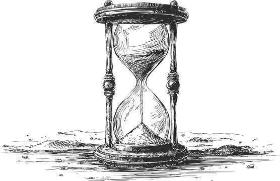 Illustration of an antique hourglass on a cracked surface, line art drawing. Vector illustration