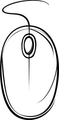 Obraz premium Simple black line drawing of a computer mouse with a curved wire sketch. Vector illustration