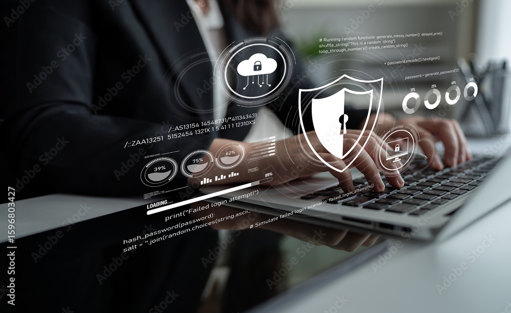 Poster cyber security protects against breaches, hacks, and network attacks using strong infrastructure and