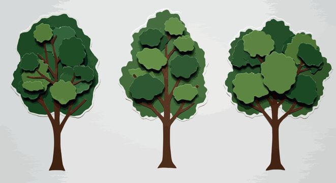 Stylized paper cut trees on white background with shadow effect