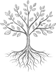 Illustration of tree with branches and roots in black and white sketch style. Vector illustration