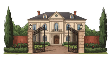 Elegant mansion with gate surrounded by greenery and landscaping  