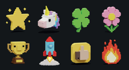 Vibrant collection of 3d pixel art icons featuring playful symbols and objects