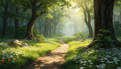 Serene forest scene with winding dirt path through rich green grass, surrounded by large trees with leafy canopies, small bushes, and tranquil atmosphere.