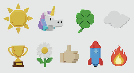 Colorful 3d pixel art icons: sun, unicorn, clover, cloud, trophy, daisy, thumb, rocket, flame