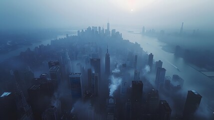 New York City Foggy Skyline Sunrise