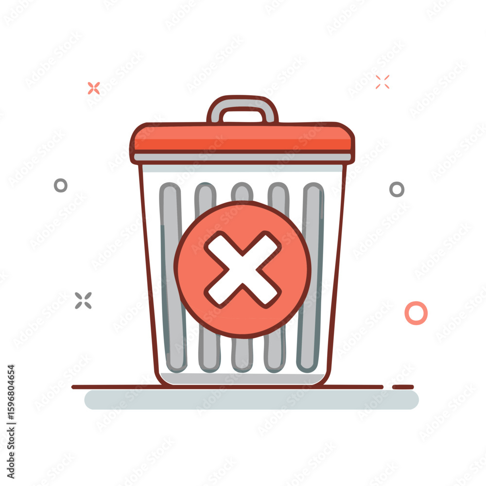 Poster trash can with an x marking delete in red, a design element with simple shapes
