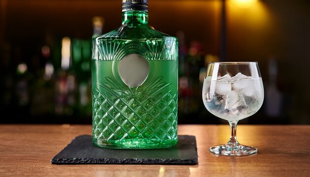green bottle of tanqueray gin sits on the bar and a glass of iced drink on a coaster
