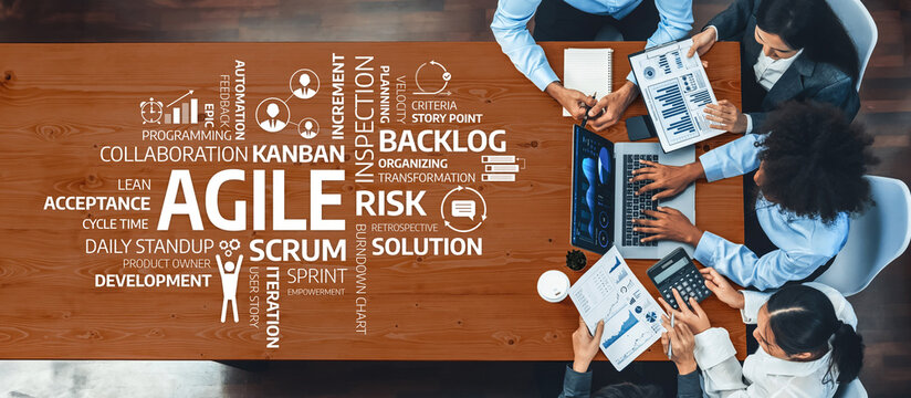 Panorama top view multiracial analyst team use BI dashboard display on laptop screen, analyzing financial data for strategic decision. Fintech analyzes marketing indicators. Concord Amity
