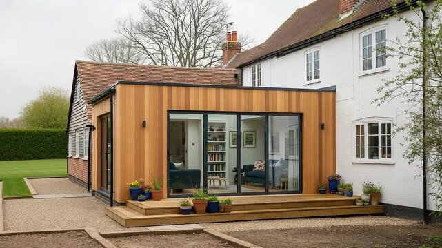 Modern Wooden Clad Home Extension with Large Glass Doors and Deck Leading to Garden Exterior View